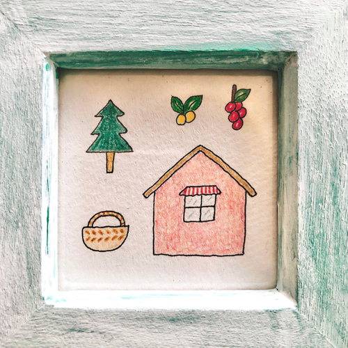 森の小さなスウェーデンハウス（一点ものイラスト原画）（ミニ額縁付き
