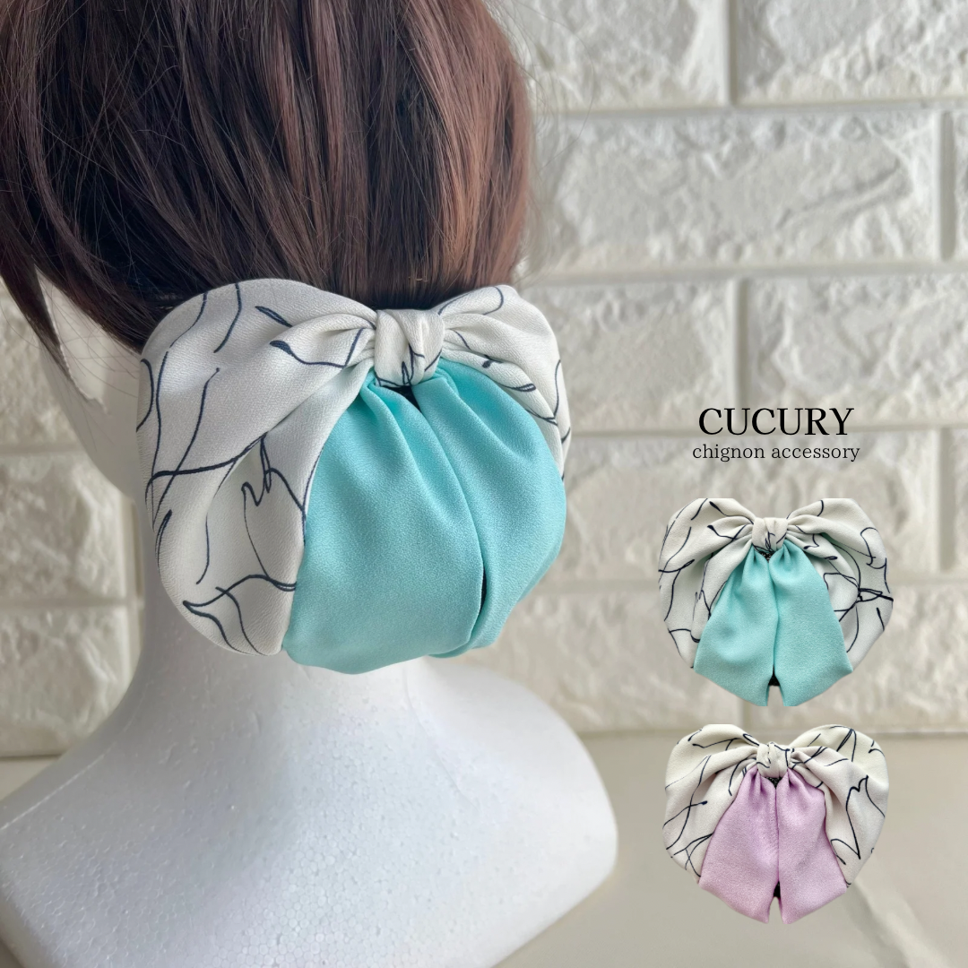 ラフフラワーバイカラーシニヨンバレッタ　スカイブルー　ライラック　水色　紫　ネット付きバレッタ