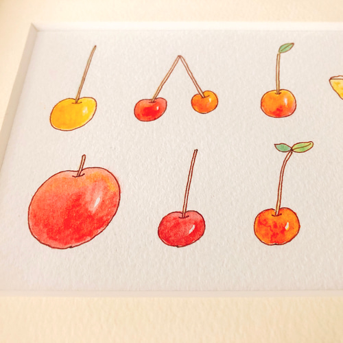 さくらんぼ（一点ものイラスト原画）（木の額縁付き） イラスト