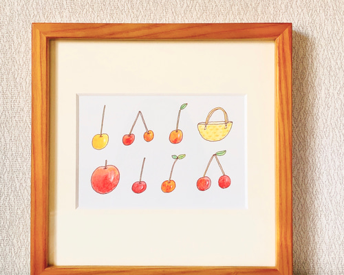 さくらんぼ（一点ものイラスト原画）（木の額縁付き） イラスト