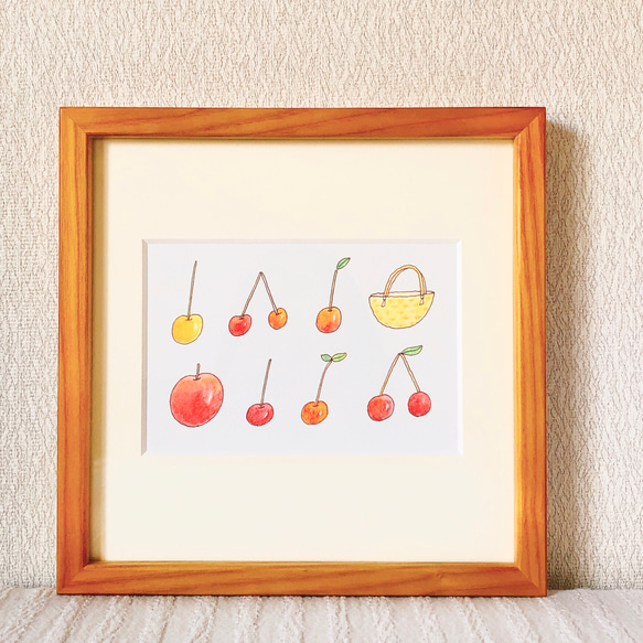 水彩画 原画 チェリー さくらんぼ 絵画 恋愛運 出会い 金運 インテリア さくらんぼ（一点ものイラスト原画）（木の額縁付き） イラスト