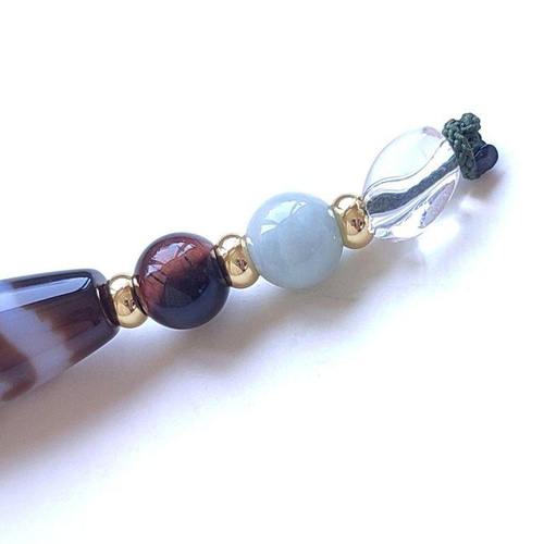 ◇神玉持ち龍神天珠と糸魚川翡翠・タイガーアイ・水晶御守り