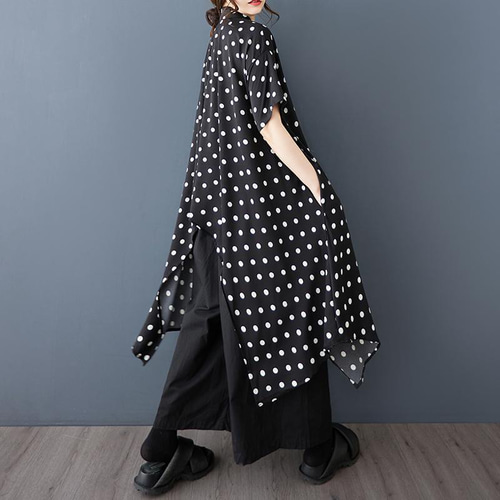 大きいサイズ ドット　トップス　レディース 春夏　 新品 半袖　ロング　シャツ 大きいサイズ ドット トップス レディース 春夏 新品 半袖 ロング
