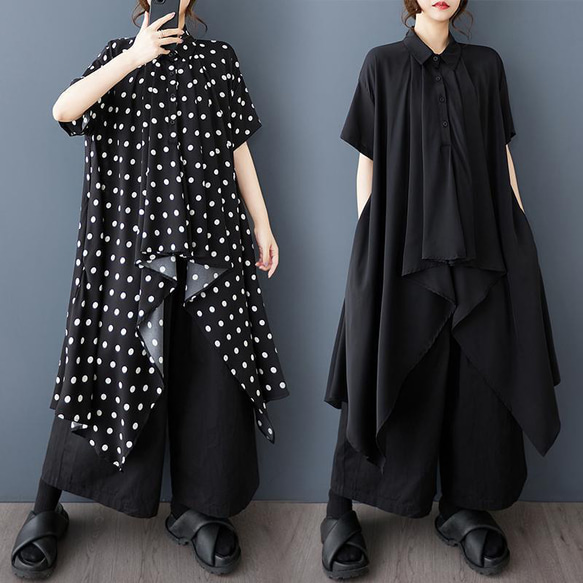大きいサイズ ドット　トップス　レディース 春夏　 新品 半袖　ロング　シャツ 大きいサイズ ドット トップス レディース 春夏 新品 半袖 ロング