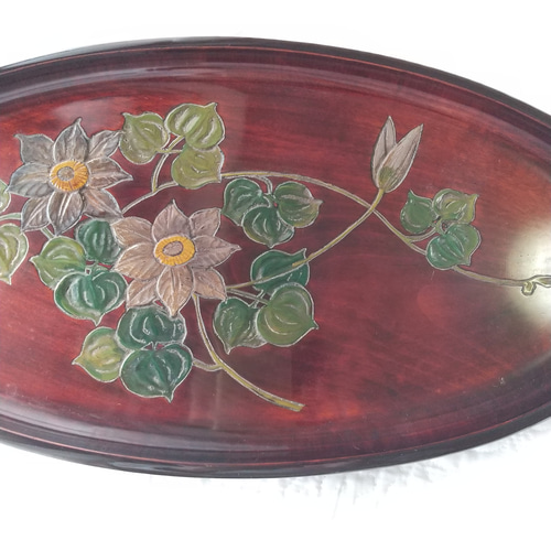 お盆 木製 楕円形 テッセンを彫りこんだ讃岐彫 母の日 お盆・トレイ