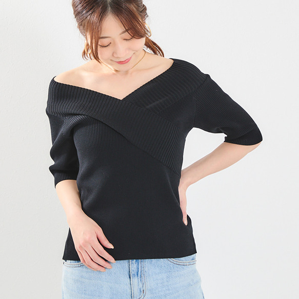 【全３色】気分で着こなしをチェンジ♪ カシュクールオフショル２wayリブニット 25016 18枚目の画像
