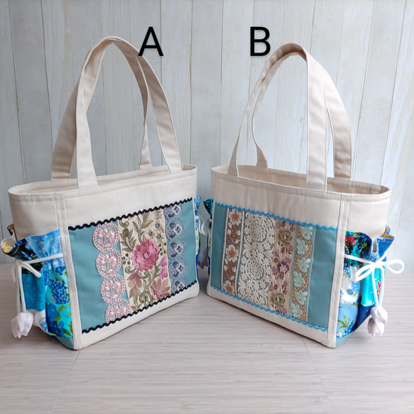 春夏のトートバッグ（生成＆ペールブルー）★パッチワークと刺繍リボン★【Creema限定2025】 4枚目の画像