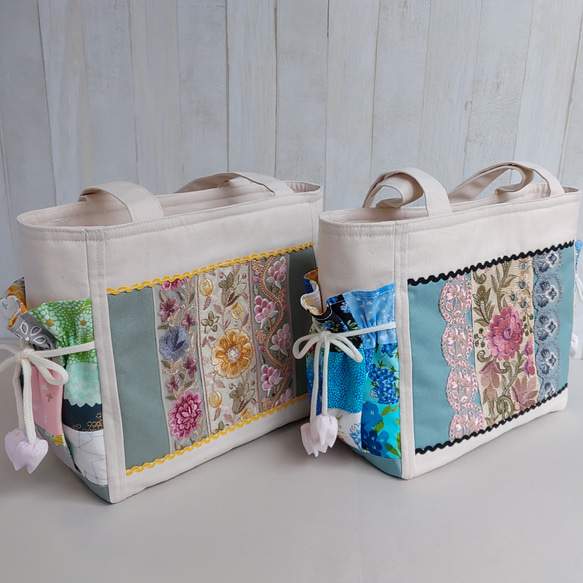 春夏のトートバッグ（生成＆ペールブルー）★パッチワークと刺繍リボン★【Creema限定2025】 17枚目の画像