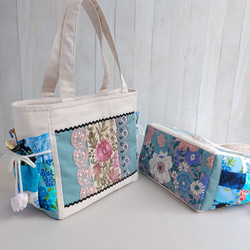 春夏のトートバッグ（生成＆ペールブルー）★パッチワークと刺繍リボン★【Creema限定2025】 2枚目の画像