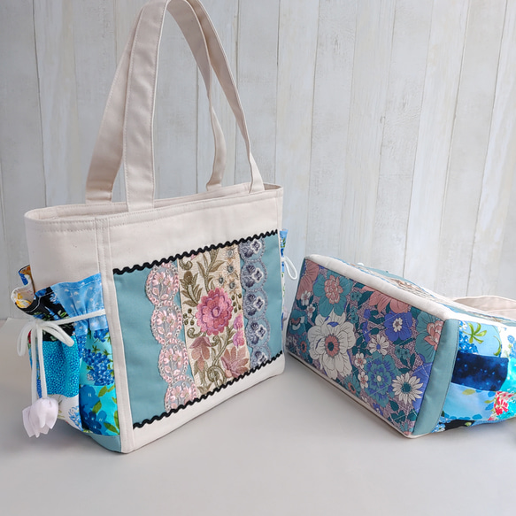 春夏のトートバッグ（生成＆ペールブルー）★パッチワークと刺繍リボン★【Creema限定2025】 2枚目の画像