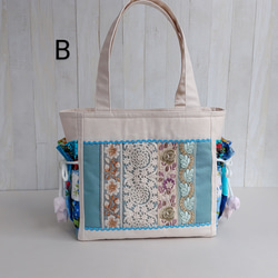 春夏のトートバッグ（生成＆ペールブルー）★パッチワークと刺繍リボン★【Creema限定2025】 8枚目の画像