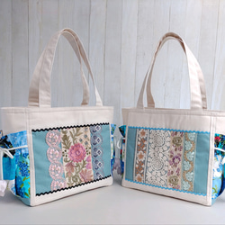 春夏のトートバッグ（生成＆ペールブルー）★パッチワークと刺繍リボン★【Creema限定2025】 1枚目の画像