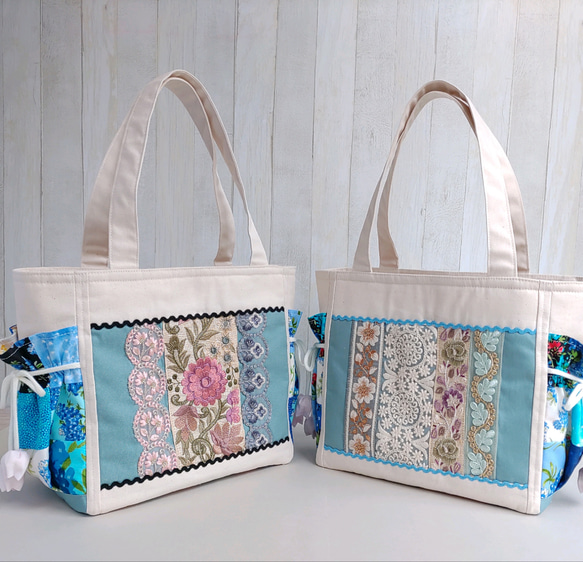春夏のトートバッグ（生成＆ペールブルー）★パッチワークと刺繍リボン★【Creema限定2025】 1枚目の画像