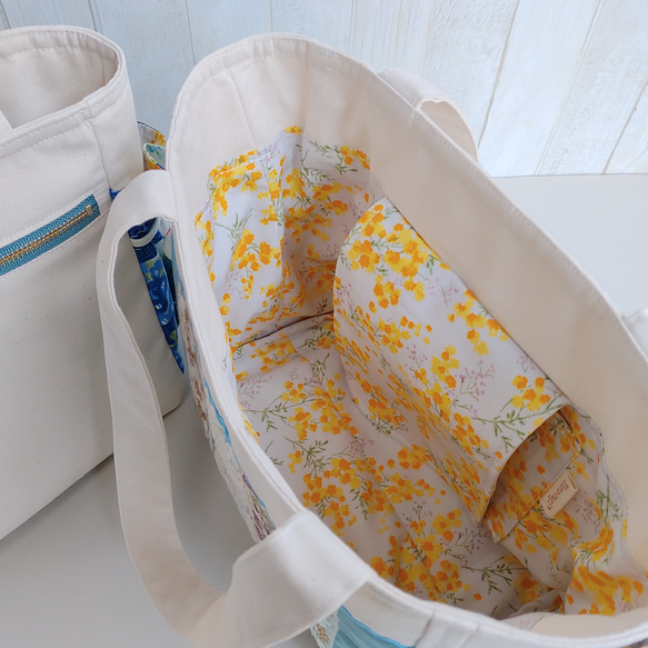 春夏のトートバッグ（生成＆ペールブルー）★パッチワークと刺繍リボン★【Creema限定2025】 12枚目の画像