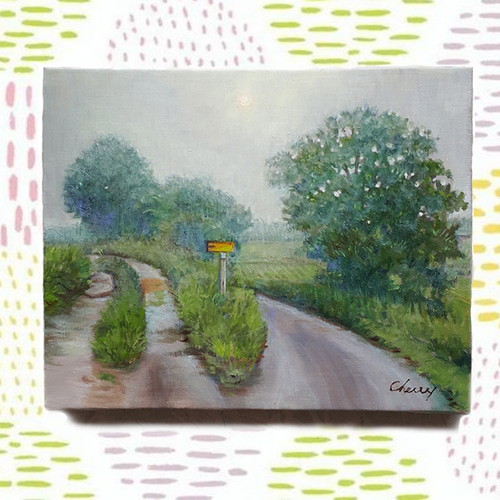 【一点物】『　ドライブ　』油絵 F3号　油彩　油画　絵画　インテリアアート 一点物】『 霧の中の分岐点 』油絵 F3号 油彩 油画 絵画