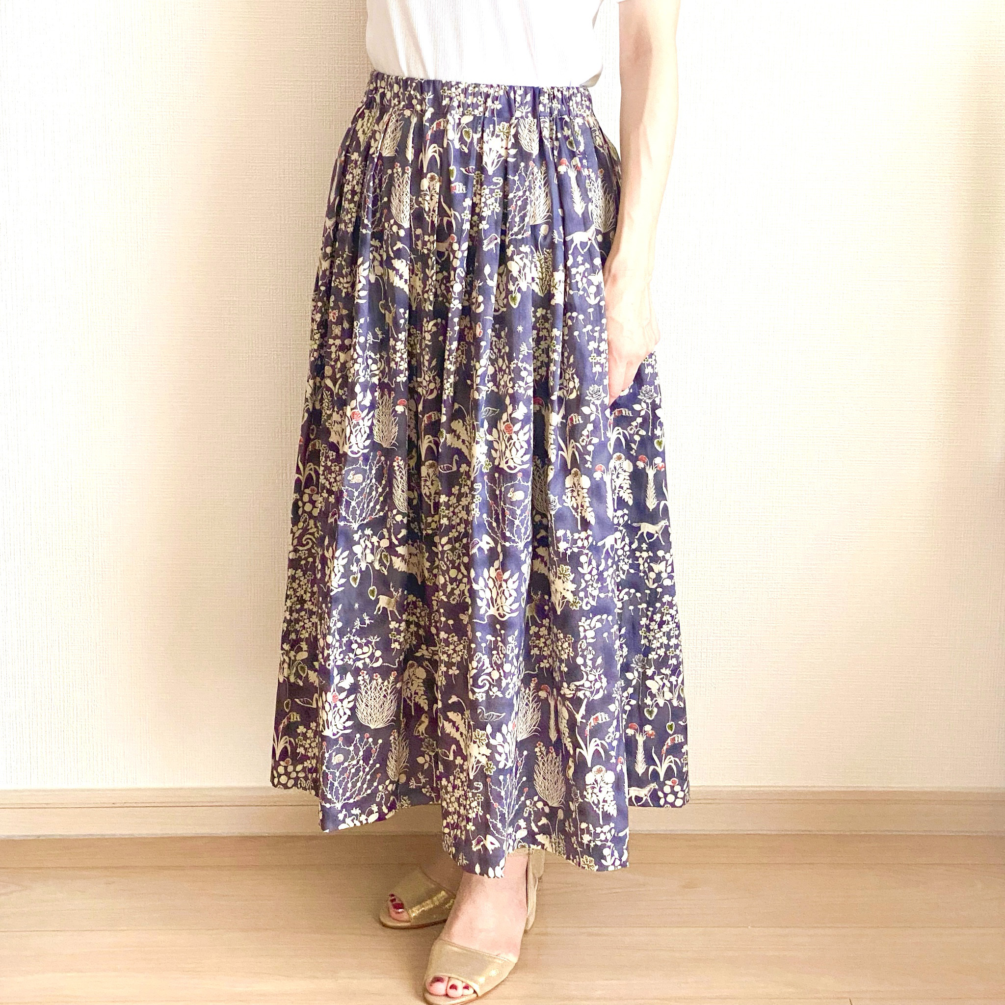 長さ選べる＊リバティ「Yoshie」 ウエストゴムのタックスカート＊ロングスカート