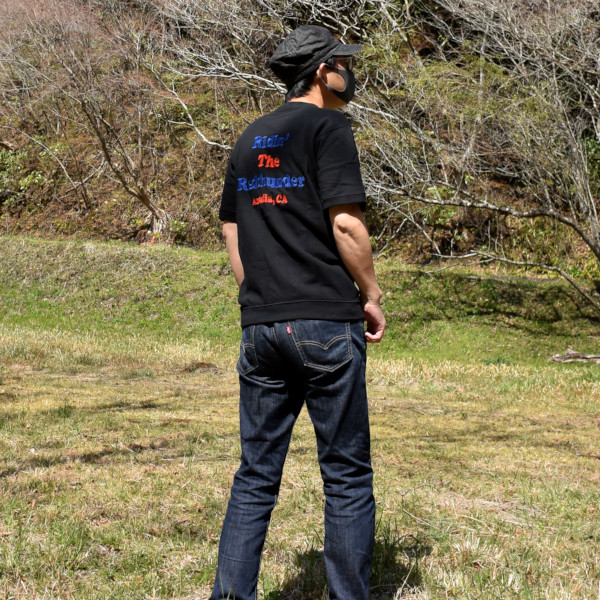 刺繍 半袖スウェット "Red Thunder" 綿 裏パイル W-25004 ブラック