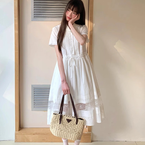普段着が素敵な白ワンピースのロングスカート柔らかい夏の白学院風半袖
