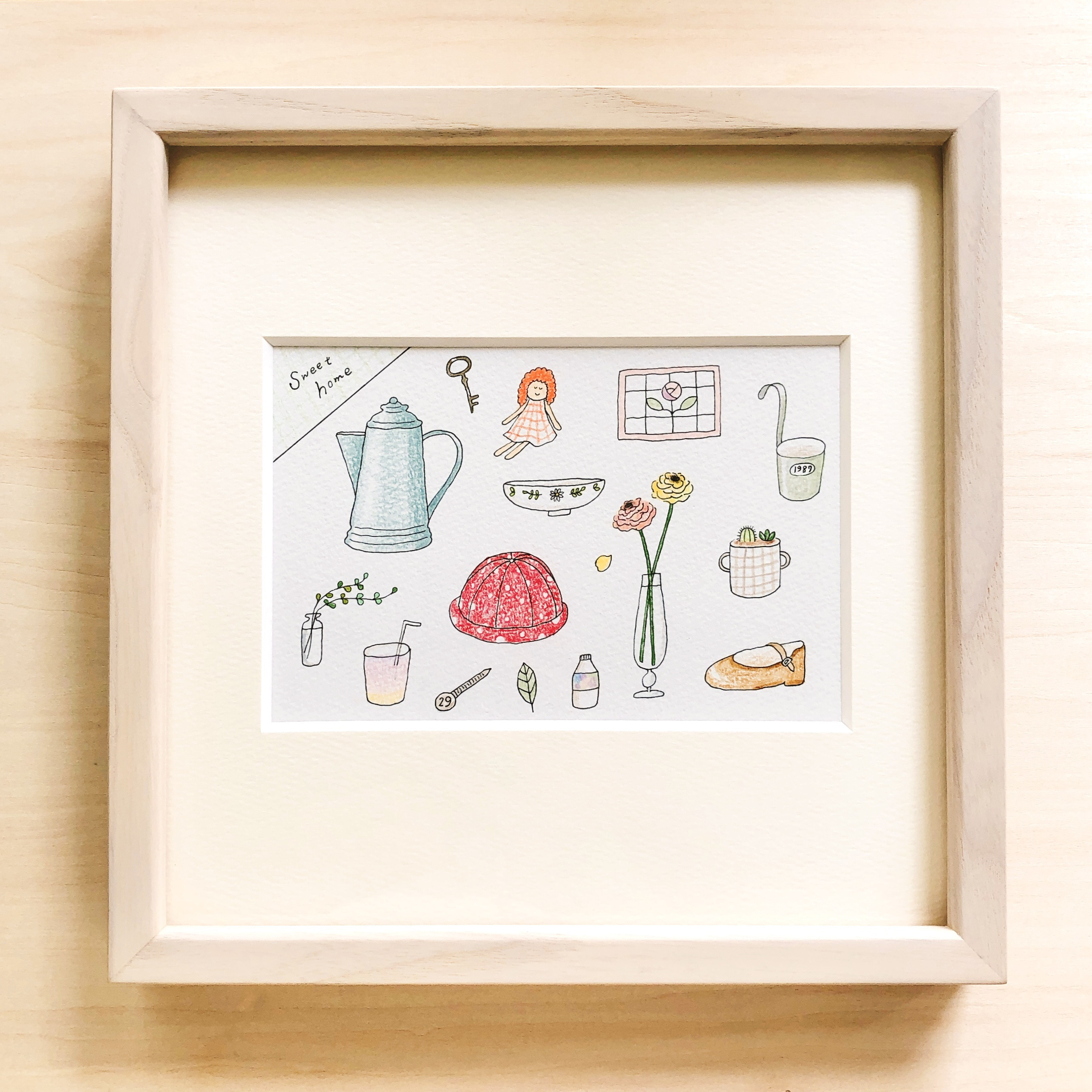 sweet home（一点ものイラスト原画）（木の額縁付き）