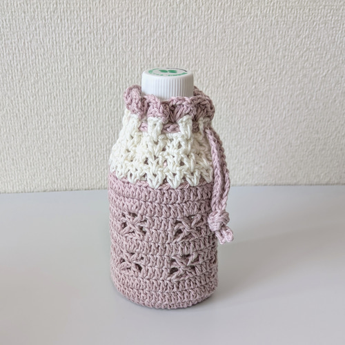 ✨再販 ペットボトルカバー 500ml ピンク＆オフホワイト コットン