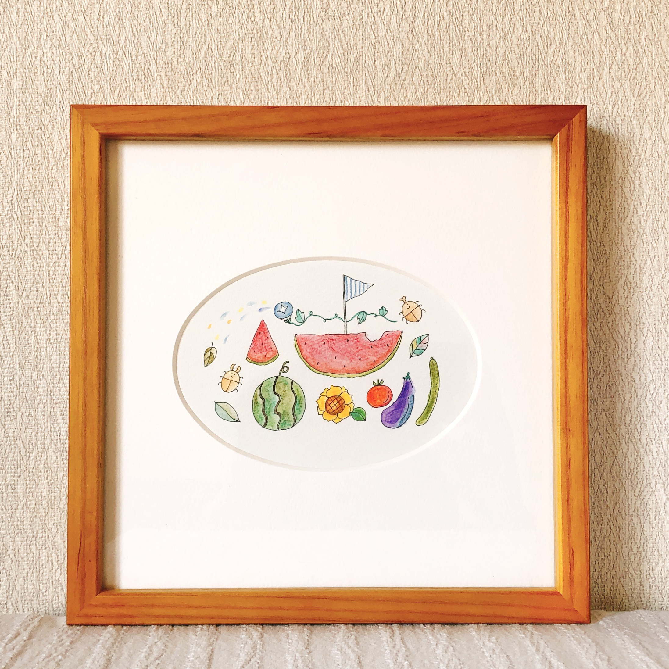 夏休み（一点ものイラスト原画）（木の額縁付き）