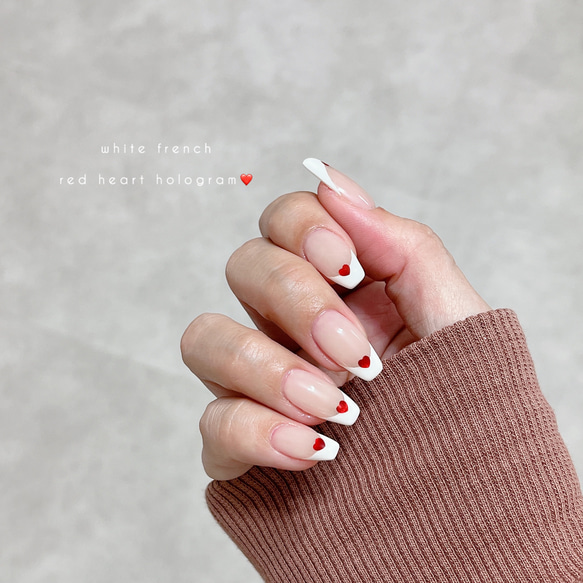 ネイルチップ＊ハートホロフレンチ ホワイト ピンクベージュ レッド赤