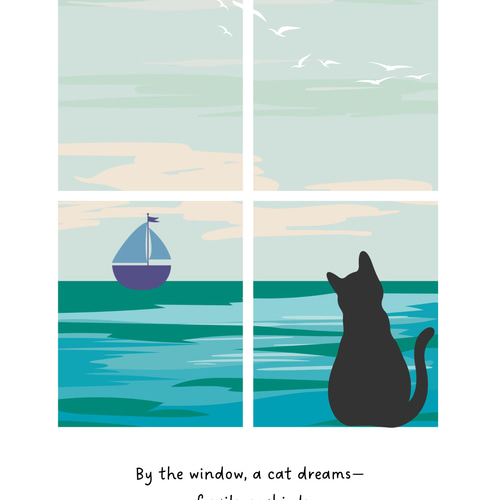 ポスター 窓から外を覗く猫 海 空 Adventurous cat A4サイズ 癒し