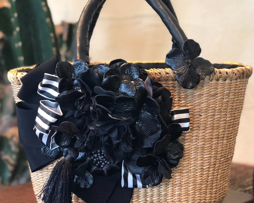 美品！かごバッグ　立体的な花　かごバッグ　花 山葡萄 手作り カゴバッグ 内布付き 市松編み、立体花編み : 星凌商店