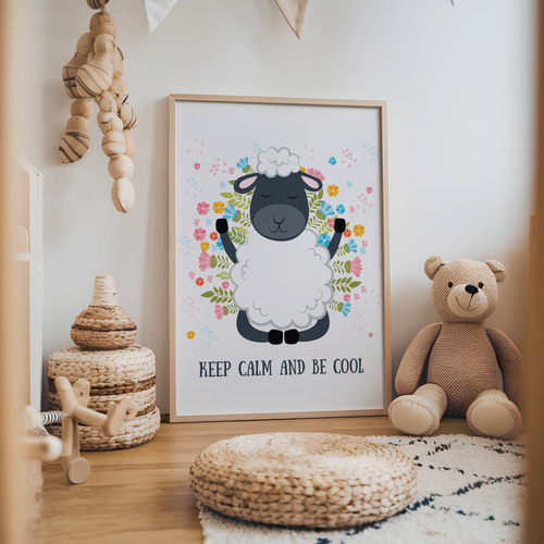 アートポスター キッズポスター 動物イラスト 羊 花 英語 北欧風