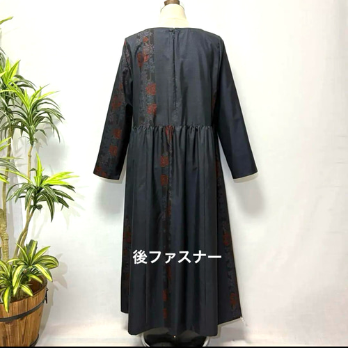 本場大島紬 花模様ゆったりワンピース 着物リメイク 大島紬ワンピース