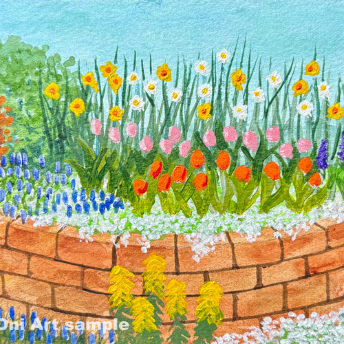 小さな花壇01」アクリル画 原画 風景画 額縁付 ハガキサイズ