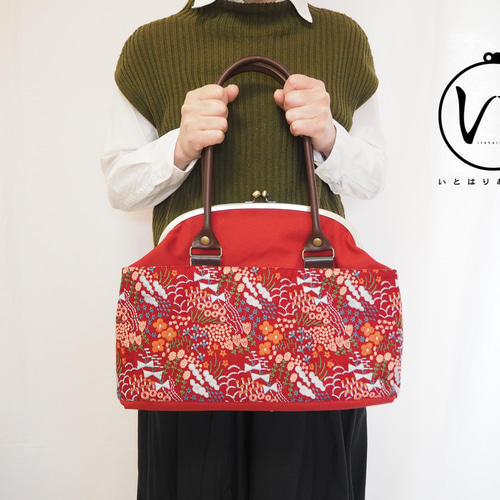 レトロ花柄刺繍 がまぐちミニボストンバッグ 濃赤 ≪Floral Pulse/red