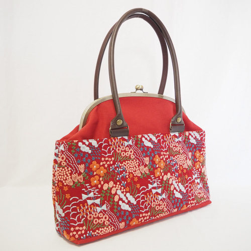 レトロ花柄刺繍 がまぐちミニボストンバッグ 濃赤 ≪Floral Pulse/red