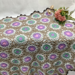 ハンドメイド　ブランケット　フラワーモチーフ　コットン ハンドメイドかぎ針編み お花 モチーフ ひざ掛け❁ ポップコーン