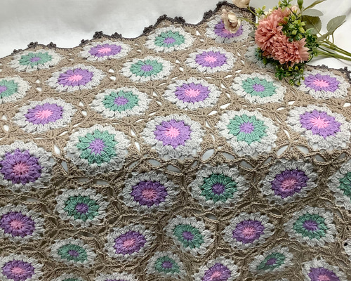 春秋コットン麻混○モチーフブランケット(六角形)膝掛け 雑貨・その他