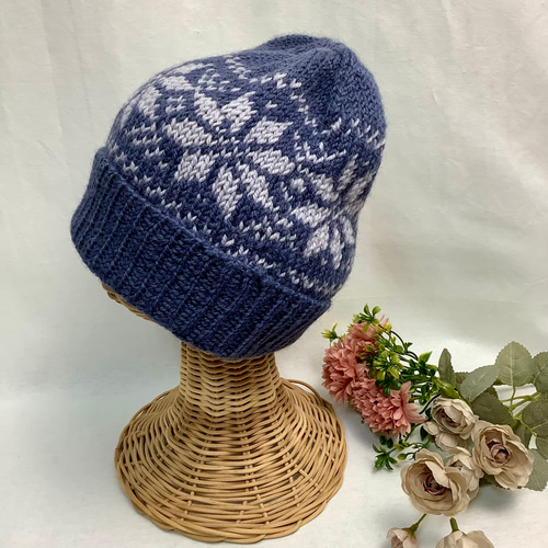 ☆ご予約者様へ○雪柄編み込みニット帽（紺&グレー) ニット帽