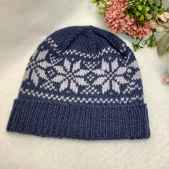 ☆ご予約者様へ○雪柄編み込みニット帽（紺&グレー) ニット帽