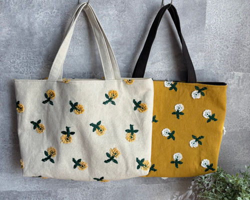 ちょっとお出かけミニトートバッグ たんぽぽ刺繍生地 トートバッグ