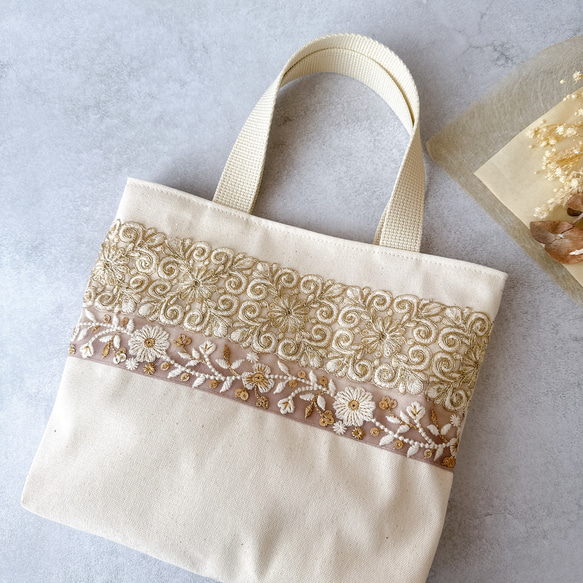 インド刺繍リボン】ハンドメイド トートバッグ ショルダーバッグ