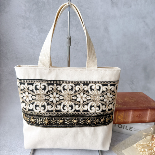 インド刺繍リボン】ハンドメイド トートバッグ ショルダーバッグ