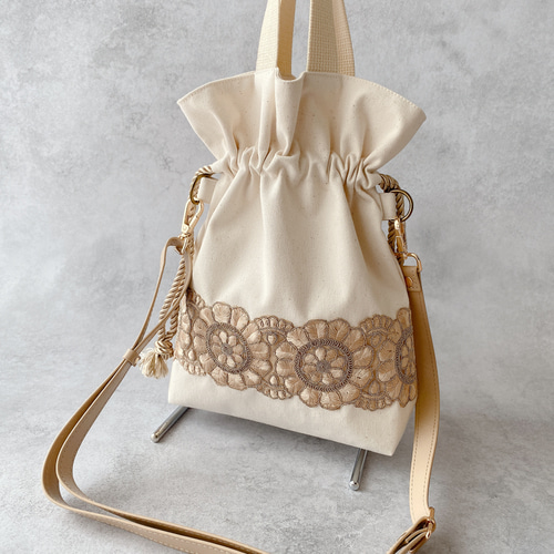 インド刺繍リボン】ハンドメイド 巾着 バック トートバッグ うり