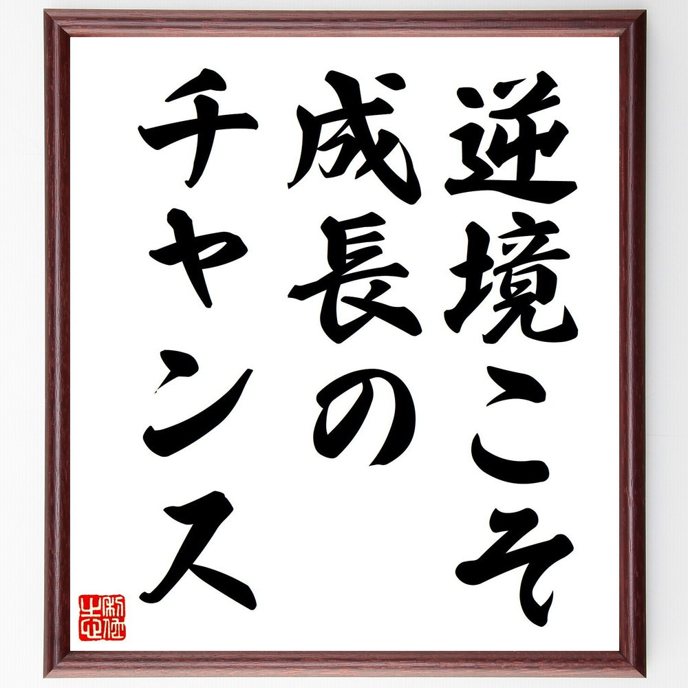 名言「逆境こそ、成長のチャンス」手書き書道色紙額／受注後の毛筆直筆（V7666）