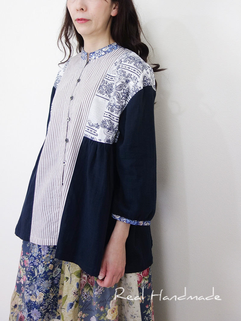 [予約販売] スラブWガーゼネイビーとパッチワークコットンリバティドロップ羽織りブラウス☆セットアップにもなります