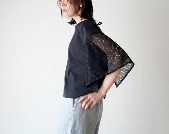 LACE SLEEVE ネックリボンブラウス black 2枚目の画像