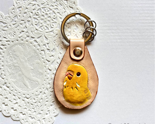 セキセイインコ ルチノー イエロー 黄色 インコ 鳥 革 キーホルダー 鳥