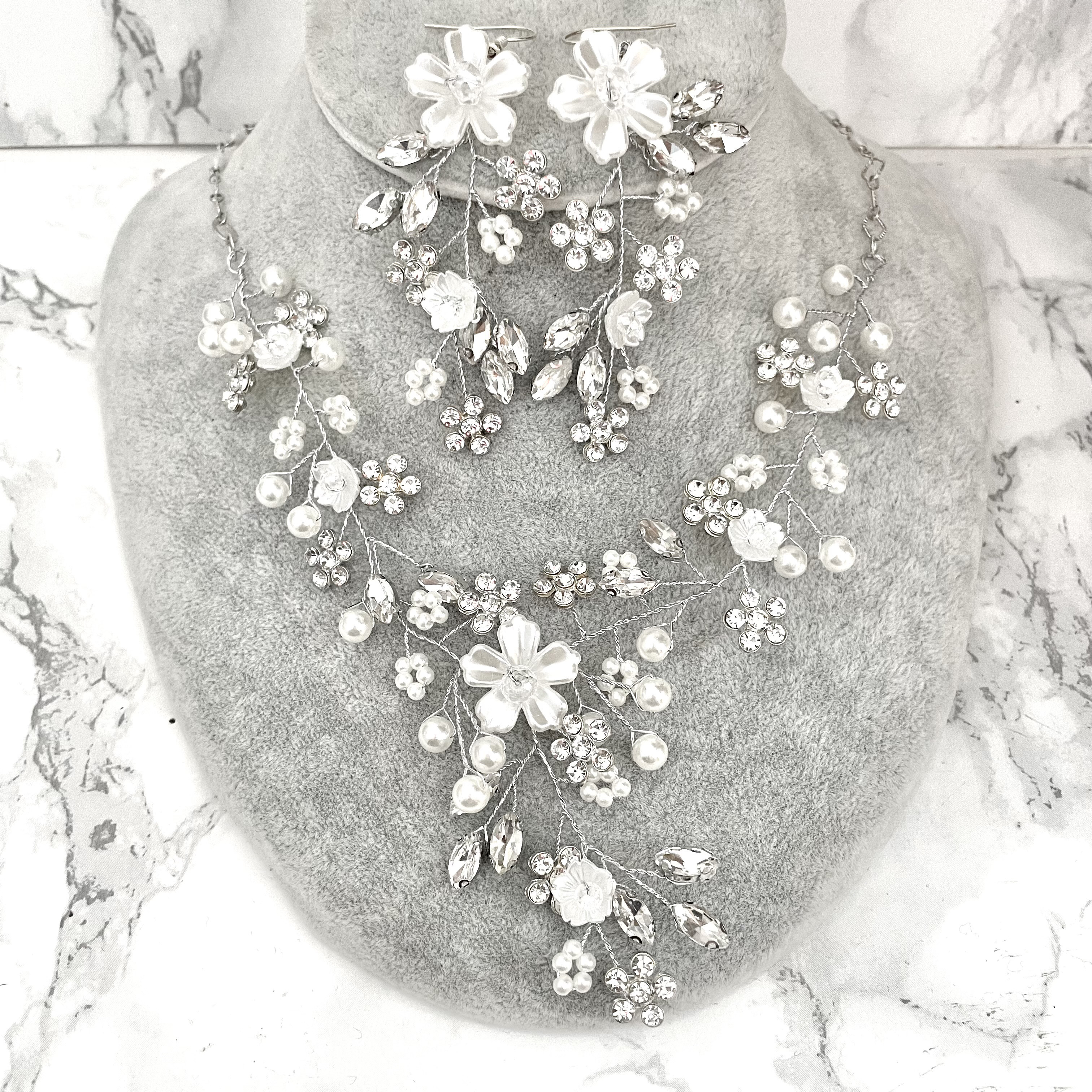 popo パール小枝ブライダルネックレス&ピアスセット/金属アレルギー対応可 ブライダル