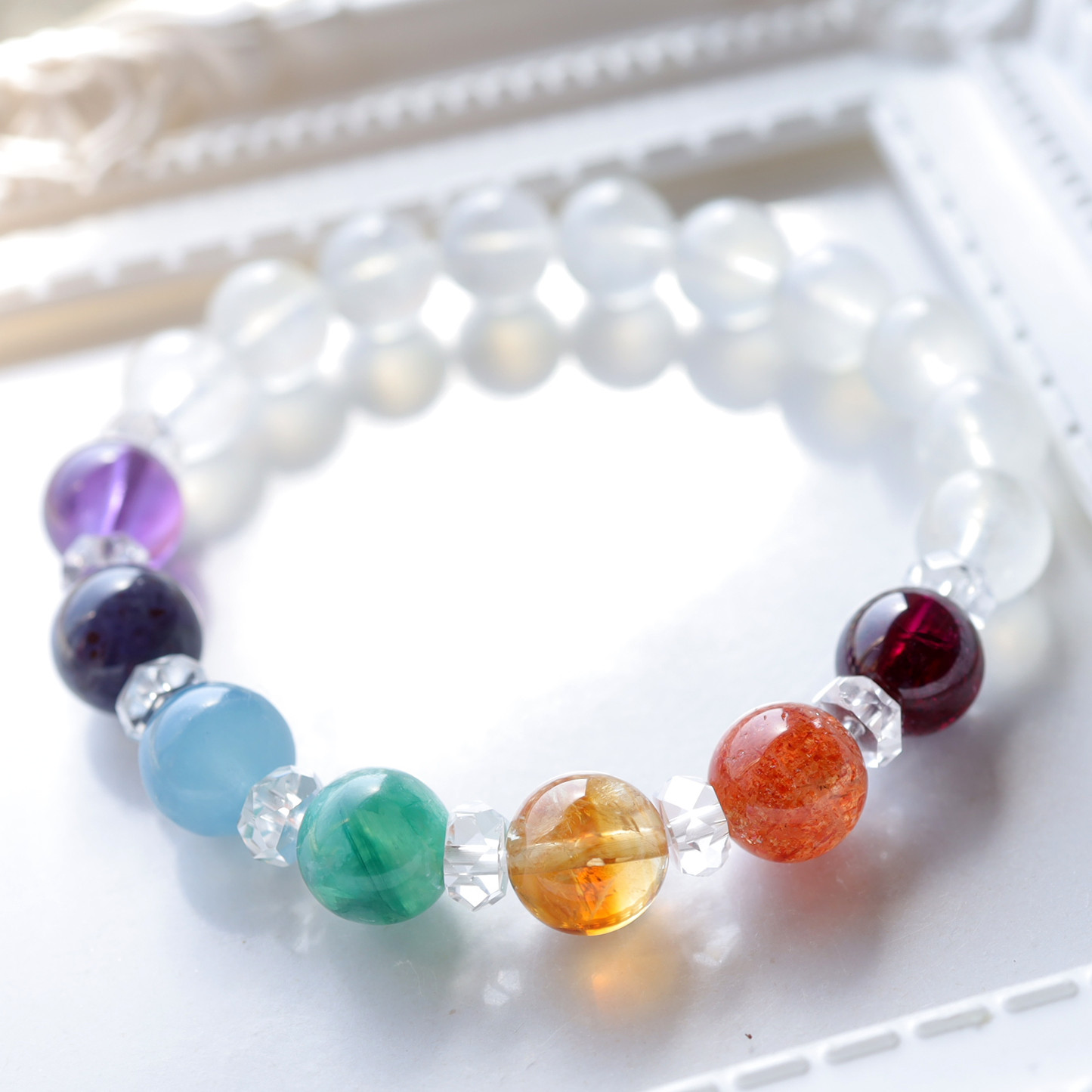 ガーネット・アイオライト・アメジスト・サンストーン等の七色のストーンとブルームーンストーンのカラフルな天然石ブレスレット