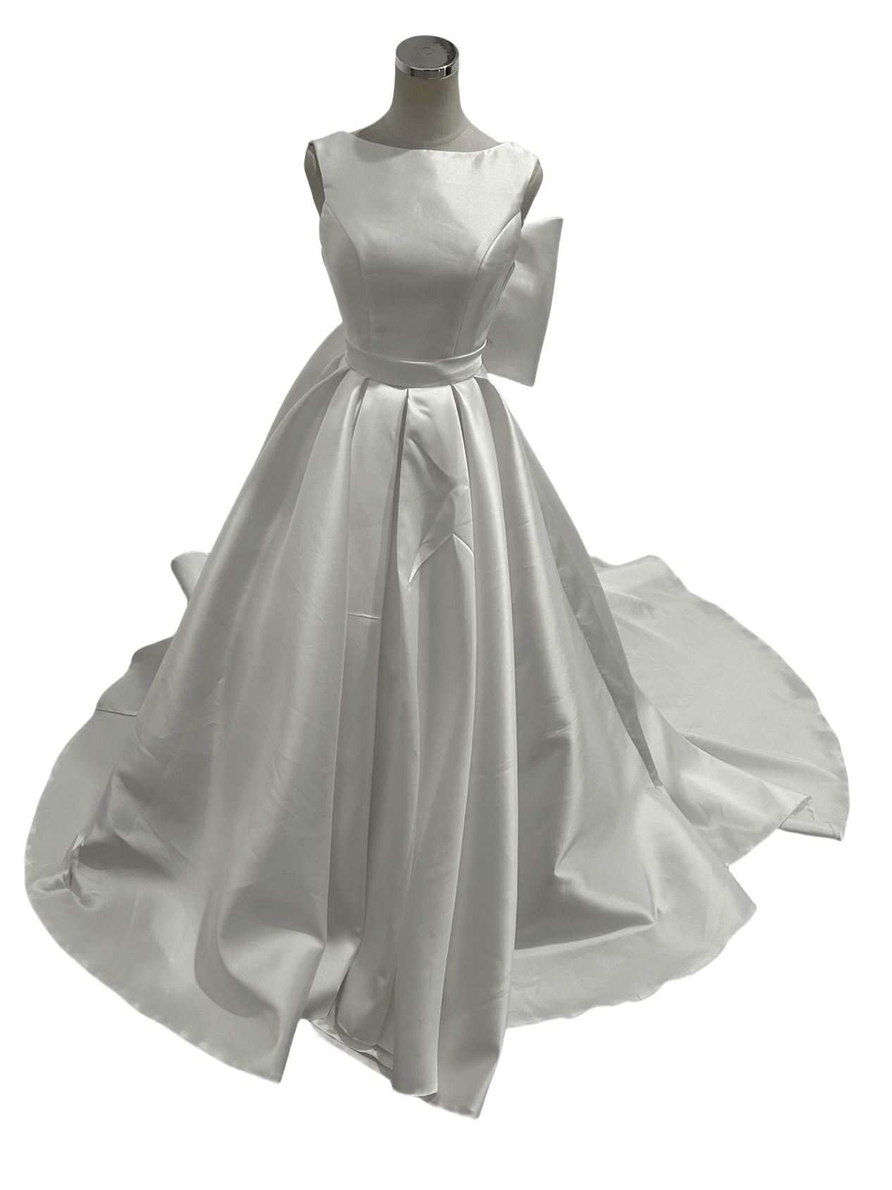 ウェディングドレス　重厚感のあるミカドサテンオフホワイト Vネック ふっくら柔らかなバックリボン ブライダル