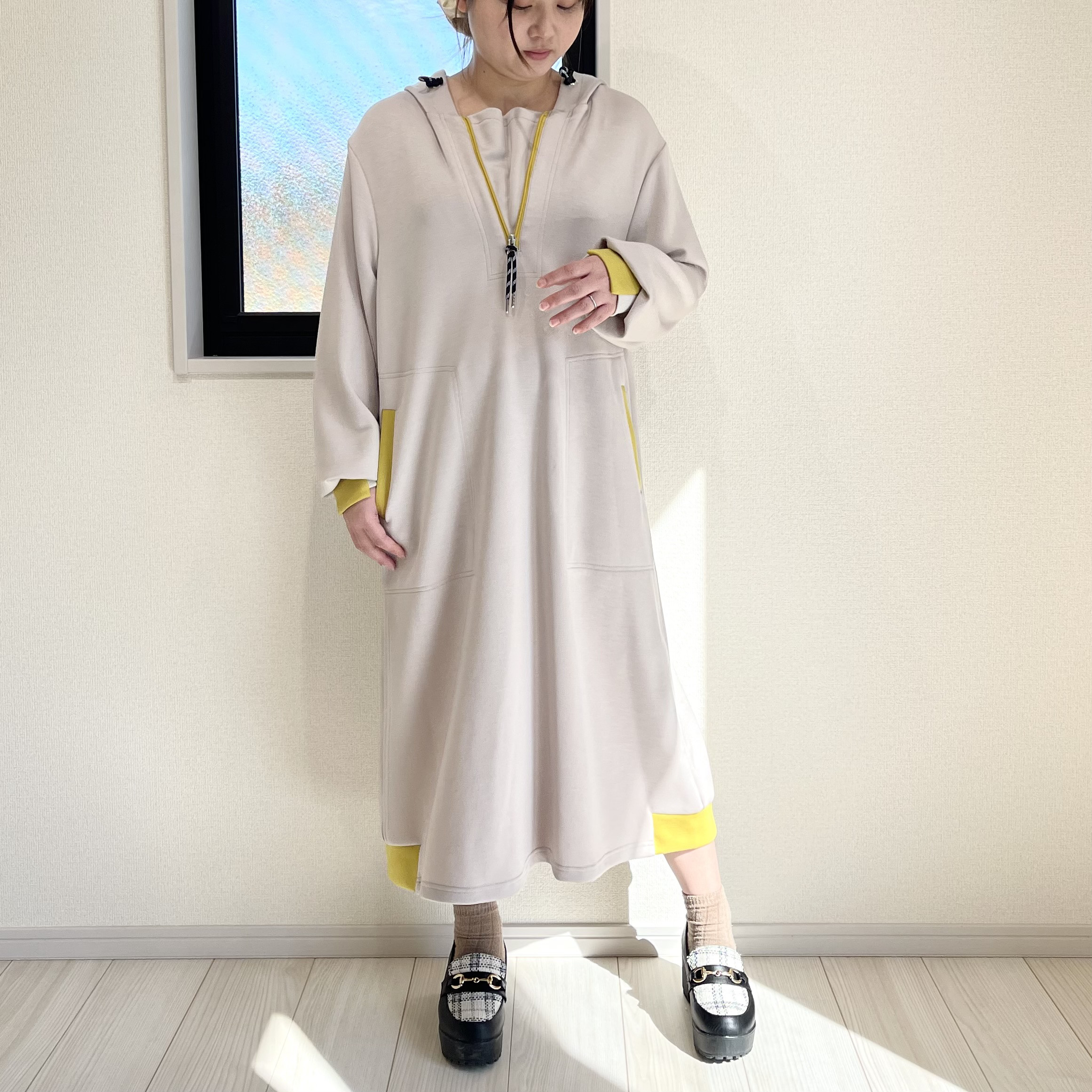 もっちり素材 ハーフジップワンピース イエロー