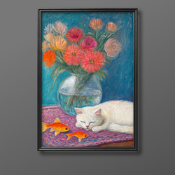 絵画。壁掛け原画【猫ちゃんを連れて午後のコーヒーを飲みに